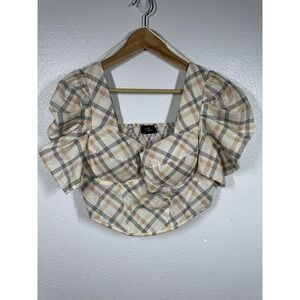 Milk & Honey Top Womens 0 Beige Plaid Puff Sleeve Crop Square Neck Smocked Back